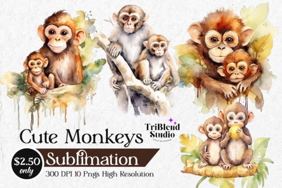 Download Cute Monkeys Watercolor Cliparts - Cute monkeys Collection